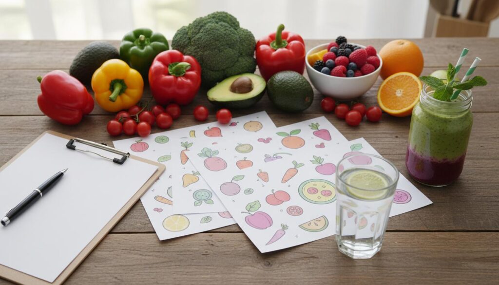 Натюрморт из свежих овощей, ягод, смузи и планшета с графическим меню здорового питания