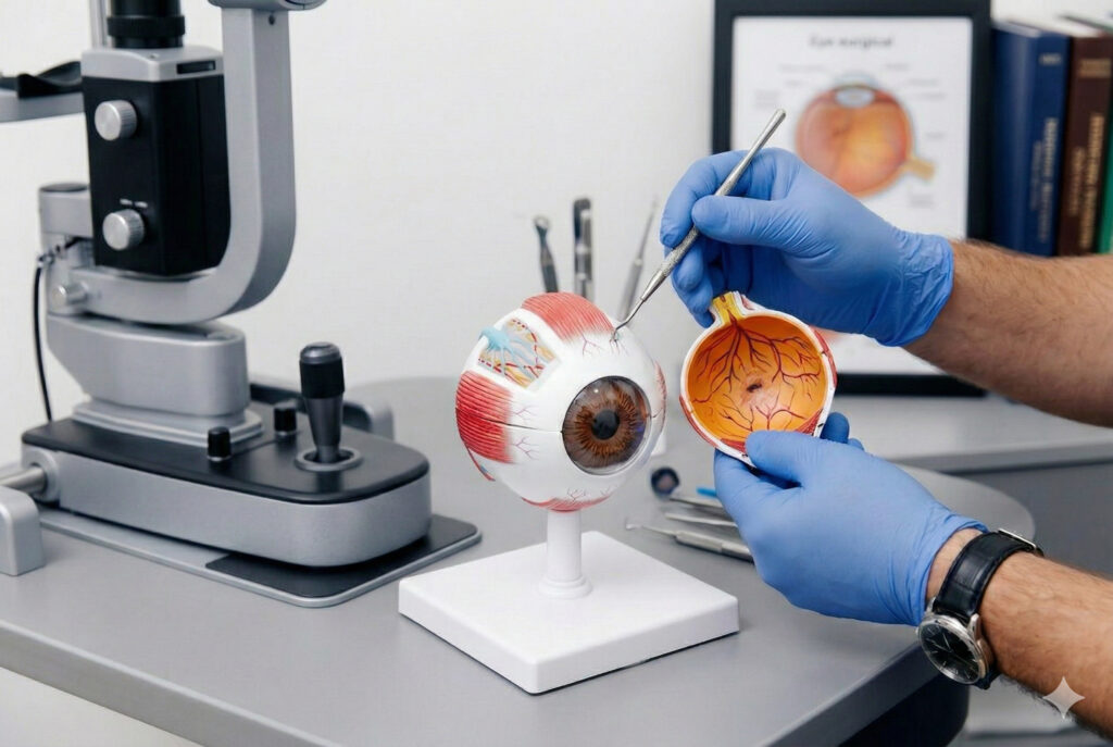 Врач указывает ручкой на роговицу детализированной анатомической модели глаза