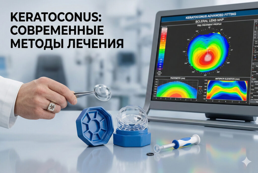 Цветная карта кератотопографии роговицы на экране монитора, на которую указывает врач