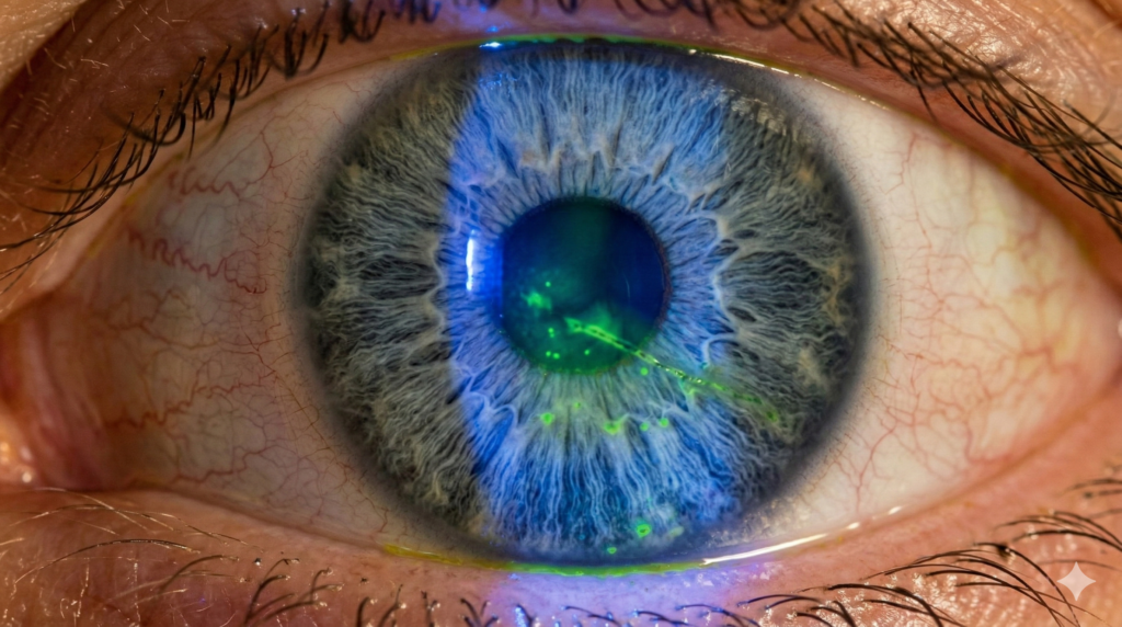Крупный план радужки глаза с признаками эрозии или травмы поверхности роговицы