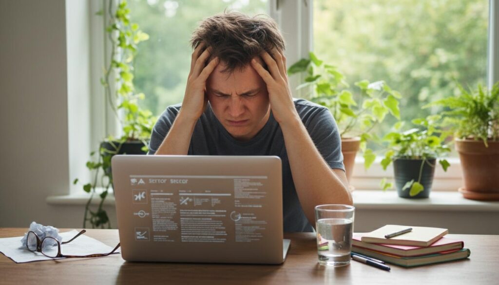 Мужчина сидит за столом перед ноутбуком, обхватив голову руками и проявляя признаки сильного зрительного утомления и стресса.