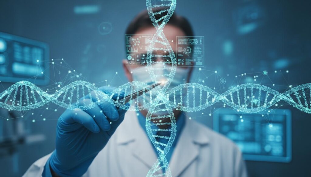 Цифровое концептуальное изображение ученого в лаборатории, работающего с трехмерной моделью спирали ДНК и футуристическими интерфейсами данных.