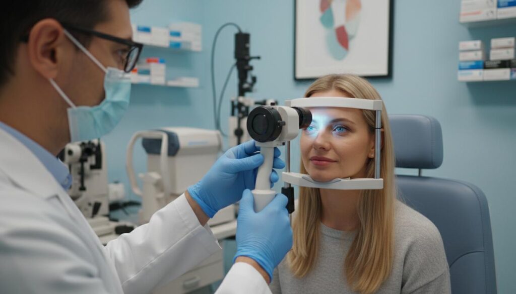 Офтальмолог в защитной маске и перчатках проводит диагностику зрения пациента с помощью современного офтальмологического оборудования.