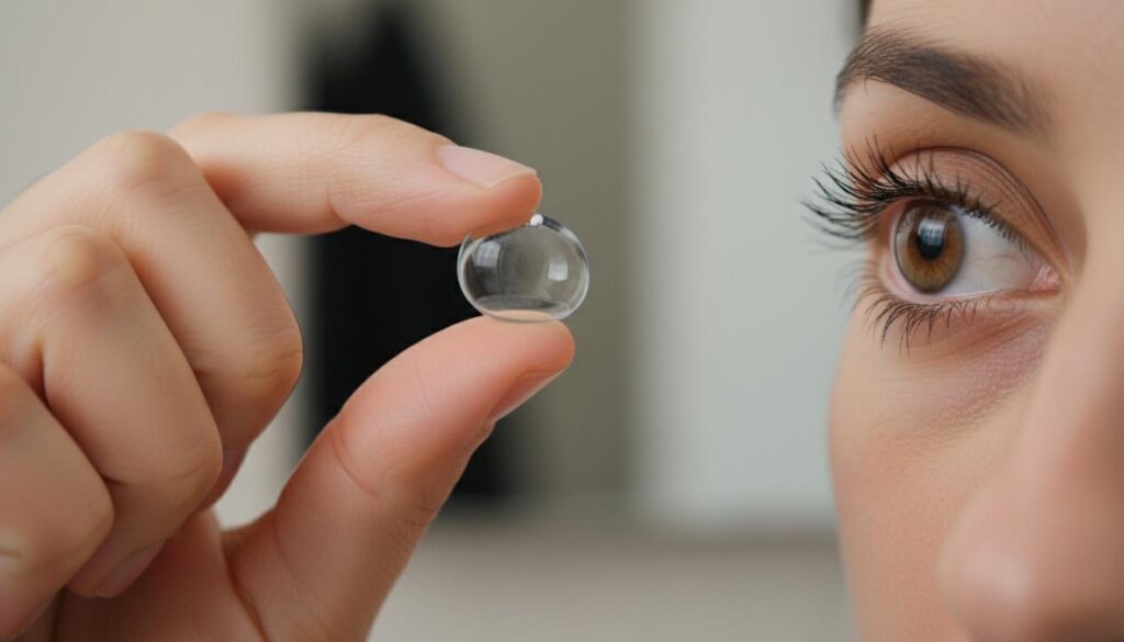 Девушка держит прозрачную жесткую контактную линзу перед глазом, демонстрируя правильный способ обращения с оптикой.
