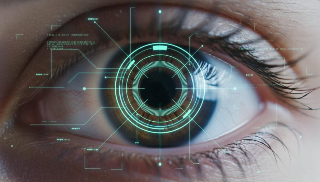 Крупный план человеческого глаза с наложенным цифровым интерфейсом сканирования сетчатки и роговицы зеленого цвета.