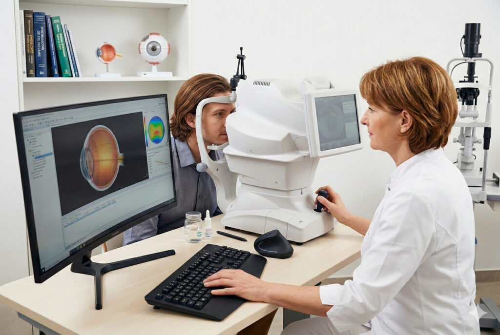 Врач-офтальмолог проводит пахиметрию для измерения толщины роговицы пациента