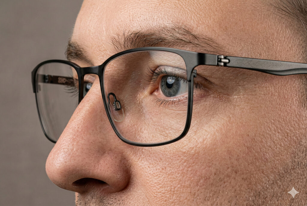 Крупный план профиля глаза в очках с характерным конусовидным выпячиванием роговицы