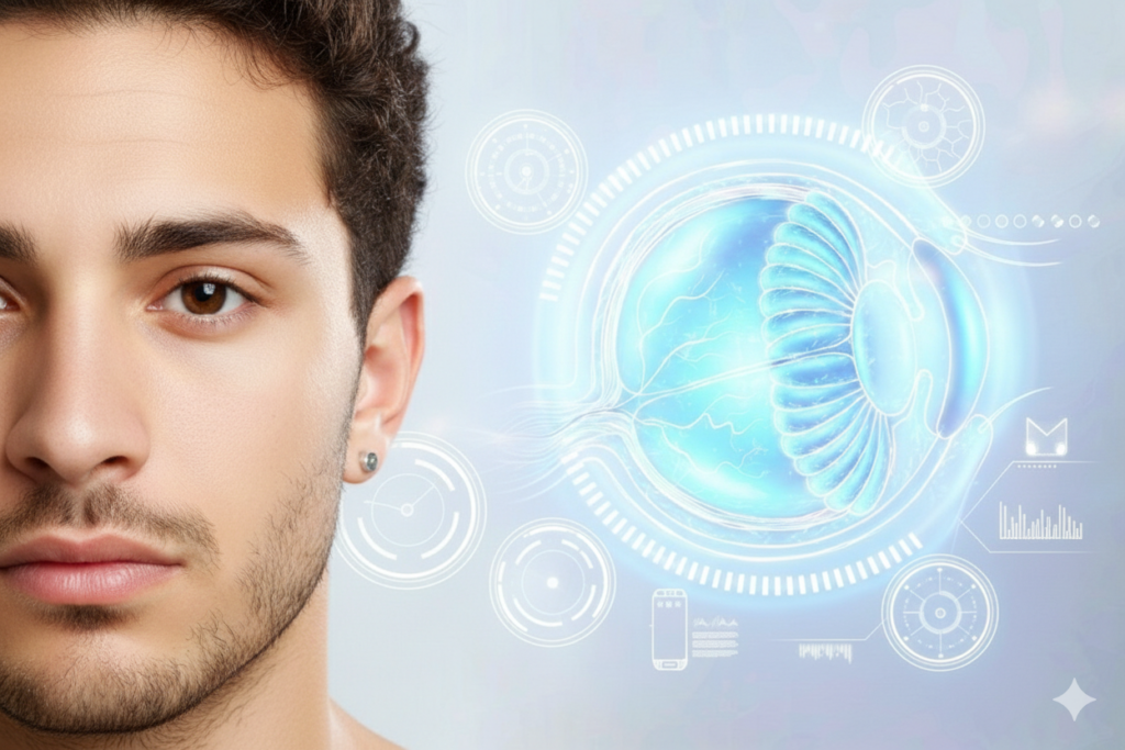 Цифровая визуализация строения глаза рядом с лицом девушки для демонстрации слоев роговицы