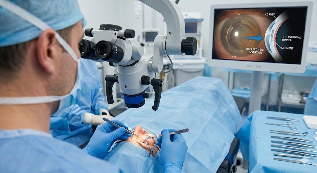 Офтальмохирург проводит операцию по интраламеллярной кератопластике с использованием лазера