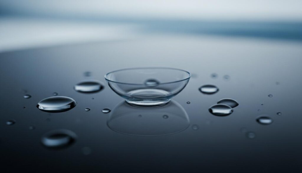 Контактная линза на поверхности с каплями раствора
