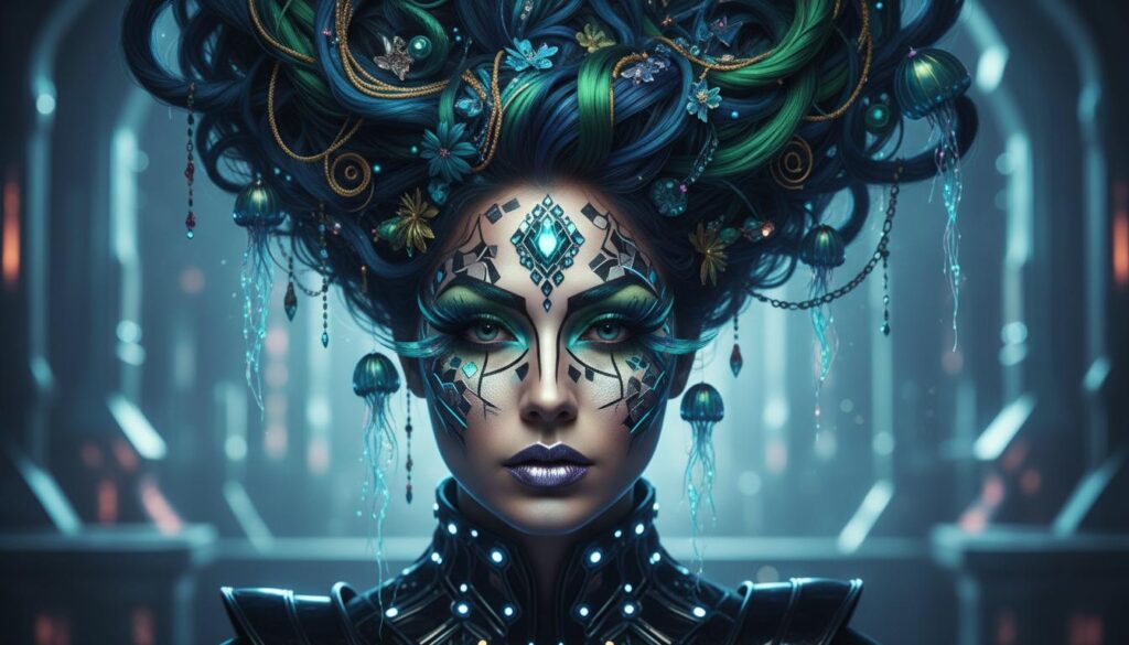 Девушка с фантазийным макияжем и чёрными склеральными линзами