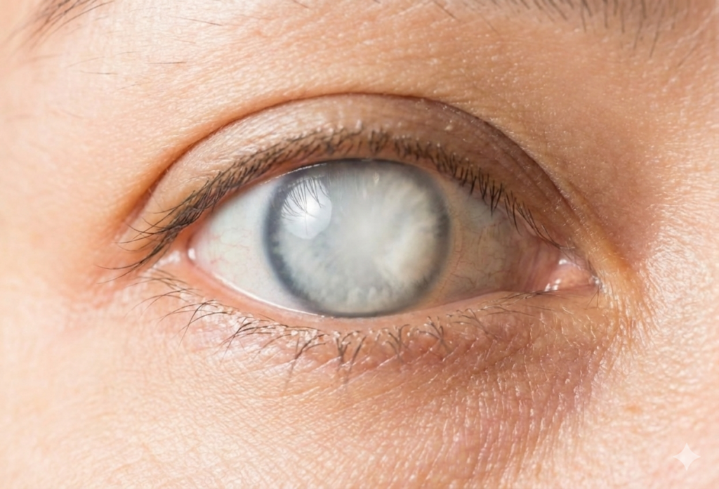Глаз человека с выраженным помутнением роговицы (бельмом) и покраснением слизистой оболочки