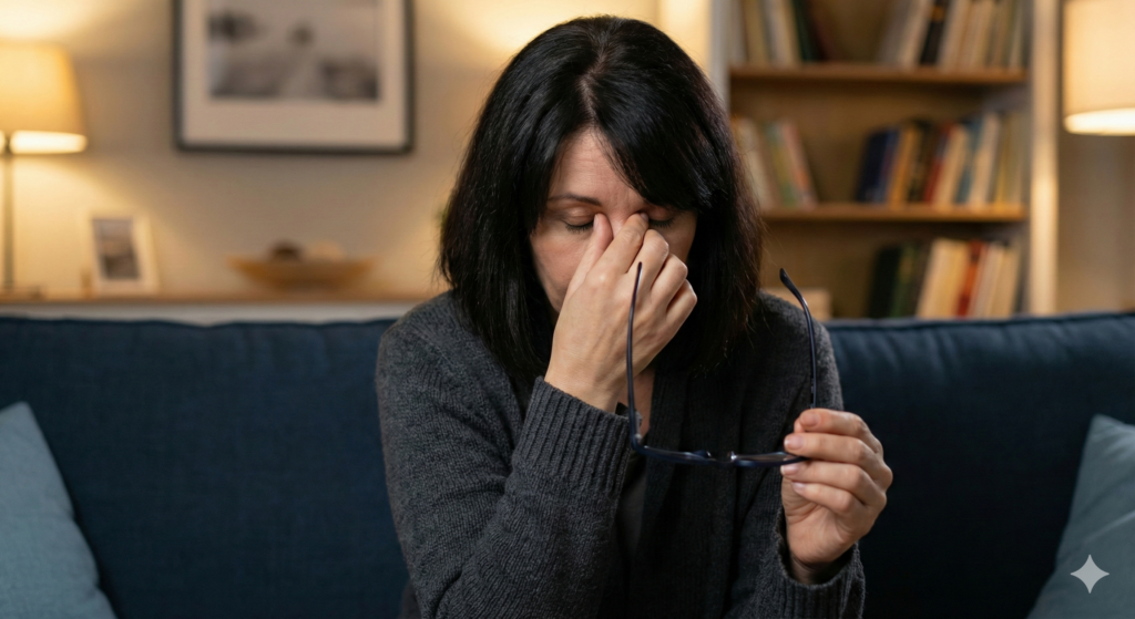 Девушка трет переносицу, сняв очки, из-за усталости глаз или высокого внутриглазного давления