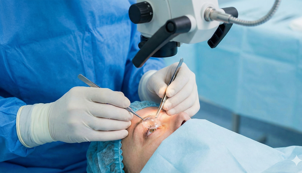 Офтальмохирург в стерильных перчатках выполняет микрохирургическую операцию на роговице глаза под операционным микроскопом.
