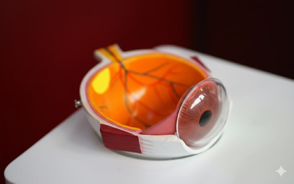 Разборная анатомическая модель человеческого глаза, демонстрирующая внутренние структуры и оболочки