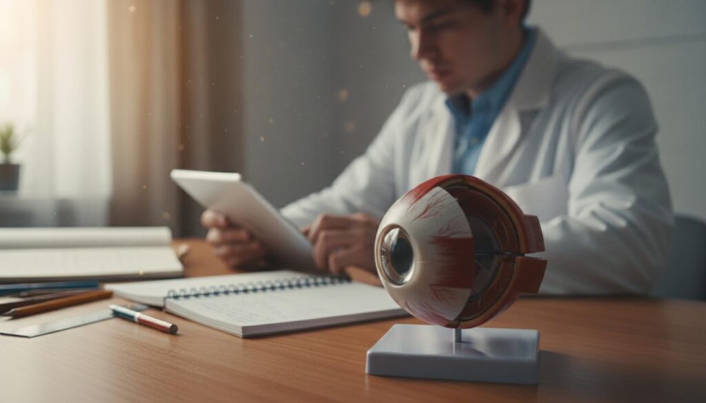 Модель глаза на столе офтальмолога во время изучения медицинских данных