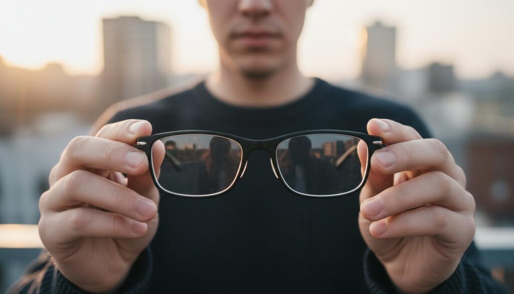 Очки в руках мужчины на фоне города