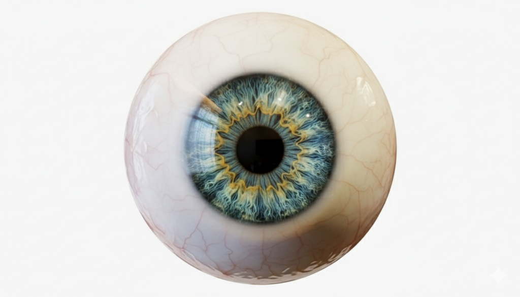 3D-модель глазного яблока с детальной прорисовкой радужки и кровеносных сосудов склеры