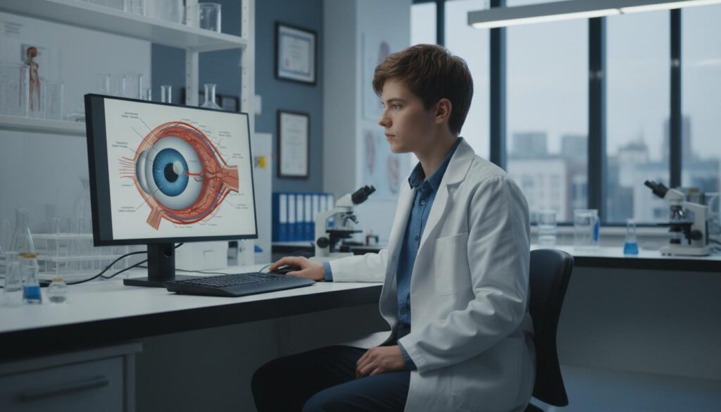 Врач изучает анатомическую схему глаза на мониторе