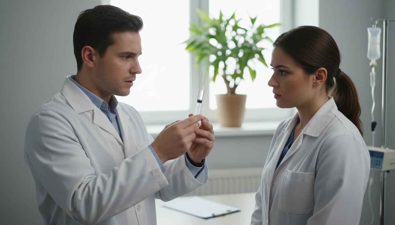 Врачи обсуждают медицинский препарат в шприце