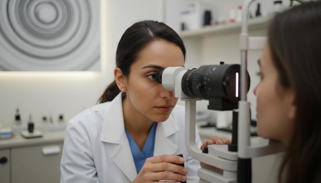 Осмотр глаза пациентки на щелевой лампе офтальмологом