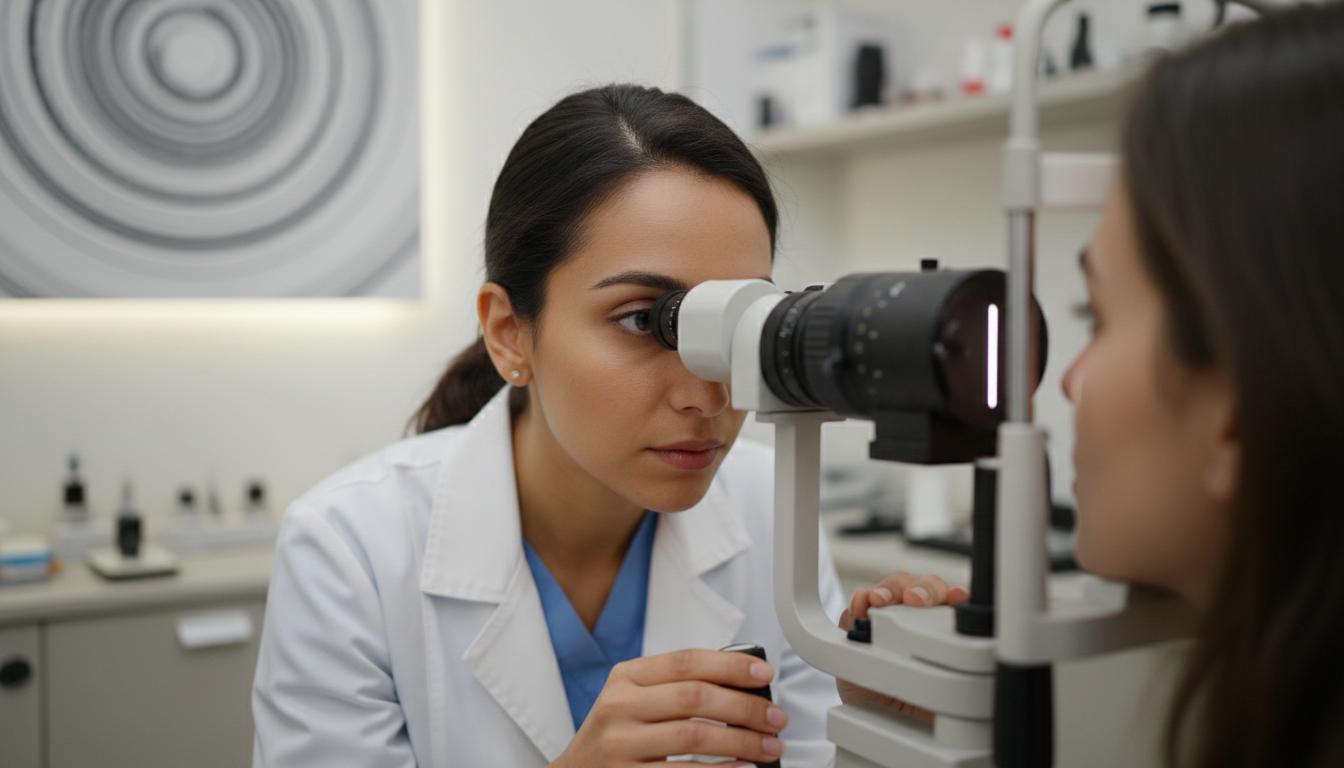 Осмотр глаза пациентки на щелевой лампе офтальмологом