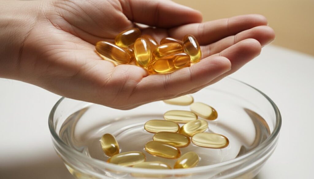 Капсулы витаминов в руке над стеклянной миской