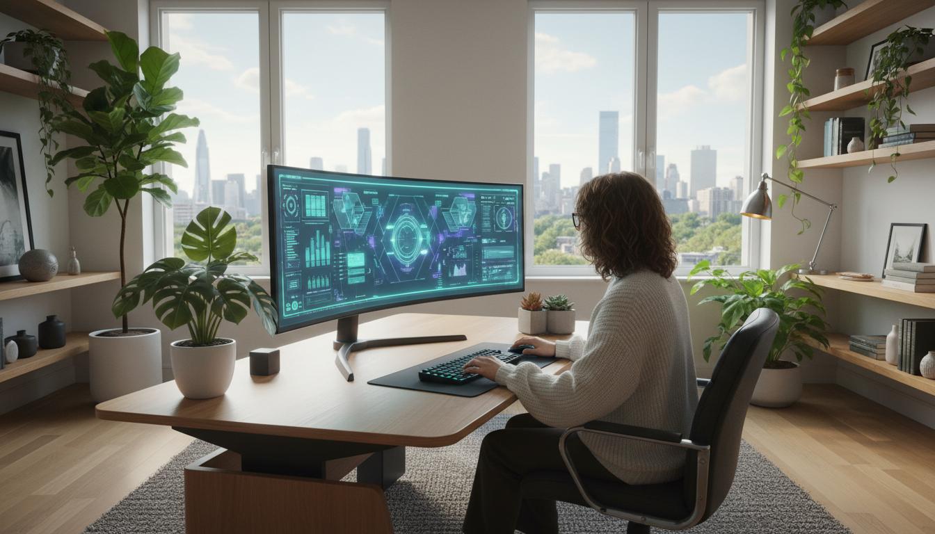 Работа за компьютером с большим монитором у окна