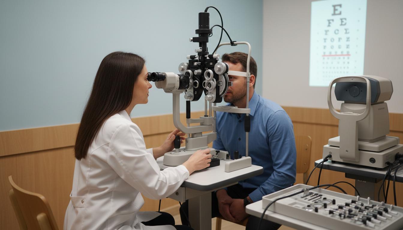 Офтальмолог проводит аппаратное обследование зрения пациенту на щелевой лампе