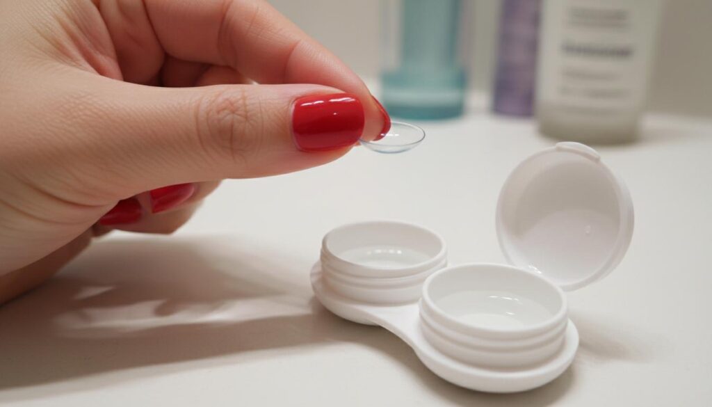 Контактная линза над контейнером для хранения