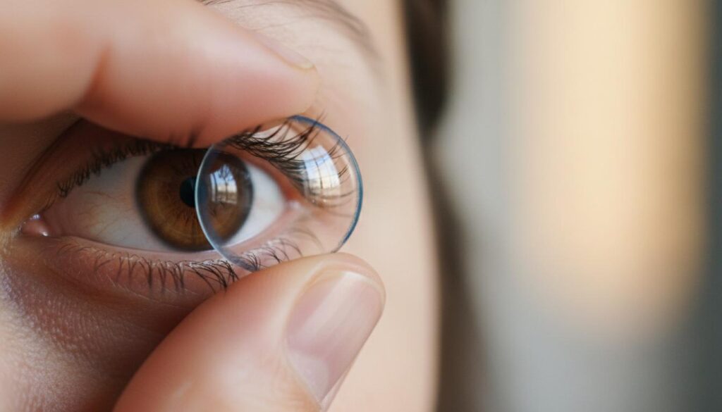 Надевание контактной линзы на глаз крупным планом