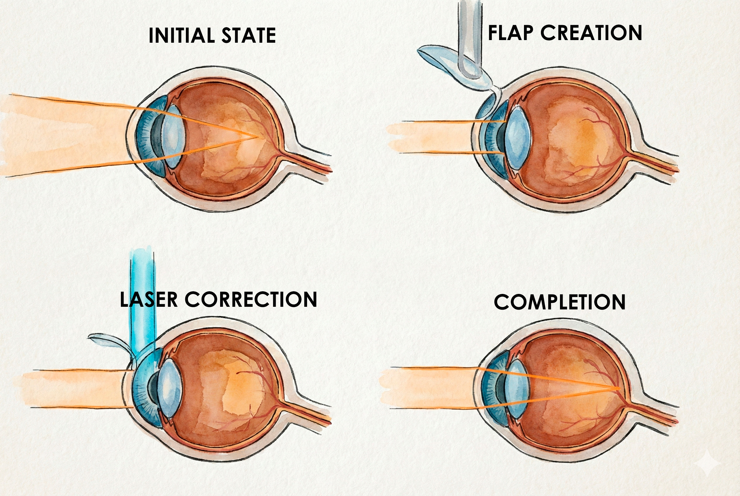 Схема этапов лазерной коррекции зрения: исходное состояние при миопии, создание лоскута, работа эксимерного лазера и завершение операции