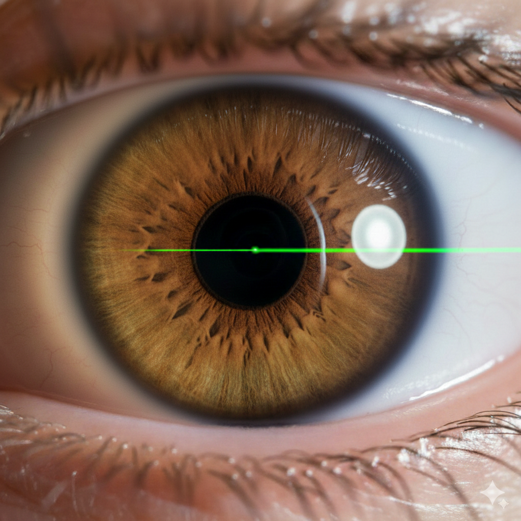 Крупный план человеческого глаза коричневого цвета, на радужку которого направлен тонкий зеленый луч лазера в процессе офтальмологической операции.