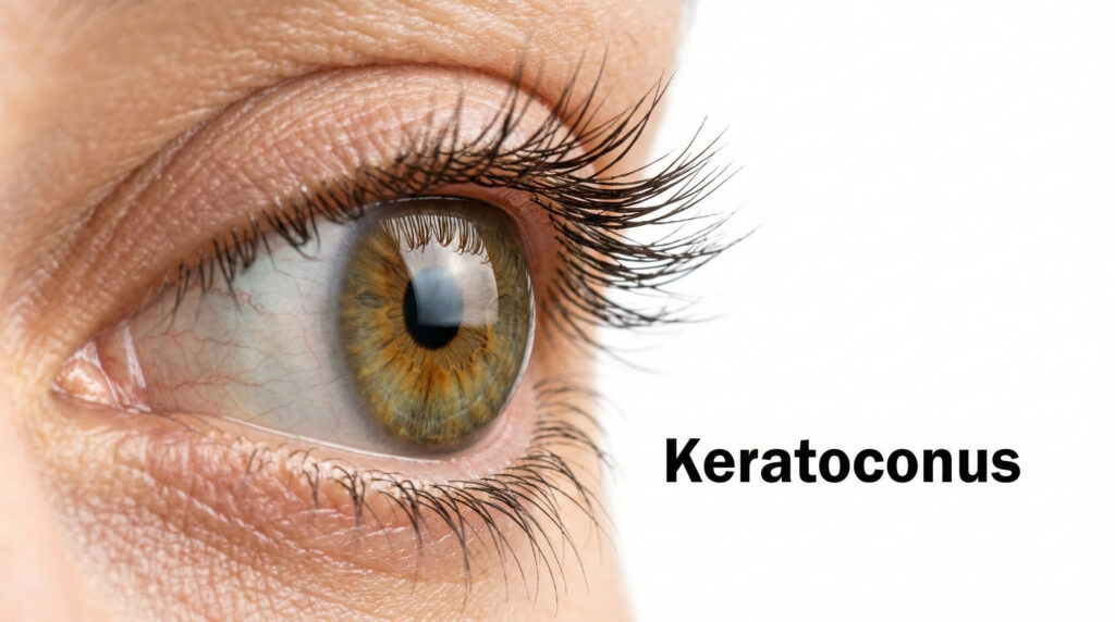 Крупный план глаза сбоку на белом фоне с текстовой надписью «Keratoconus»