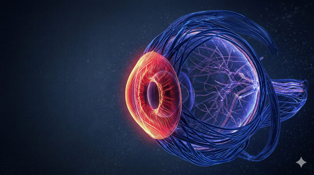 Детальная 3D-голограмма человеческого глаза в разрезе. На изображении ярко выделен передний сегмент, включая роговицу и радужную оболочку, с использованием малиново-красного и золотисто-оранжевого свечения. Внутренние структуры, такие как сетчатка и зрительный нерв, также видны.