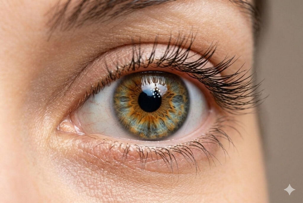 Макроснимок глаза сбоку, отчетливо показывающий конусовидную форму роговицы