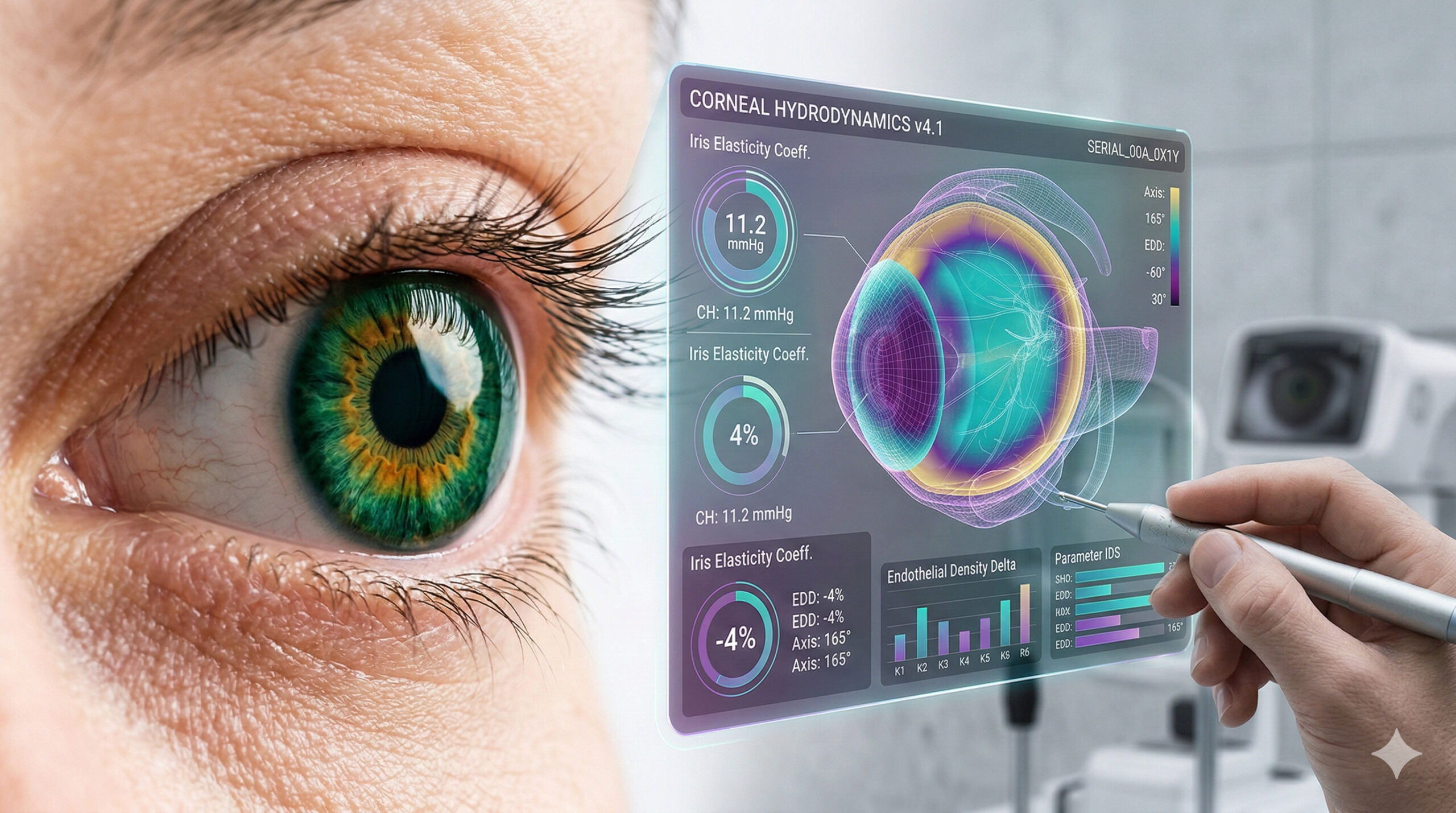 Крупный план человеческого глаза с зеленой радужной оболочкой, а справа от него находится футуристический прозрачный интерфейс, отображающий 3D-модель глаза и диагностические данные под заголовком "CORNEAL HYDRODYNAMICS v4.1". Офтальмолог взаимодействует с интерфейсом с помощью стилуса.