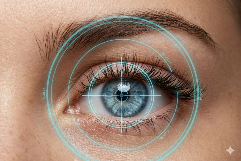 Крупный план глаза с графическим обозначением области деформации роговицы